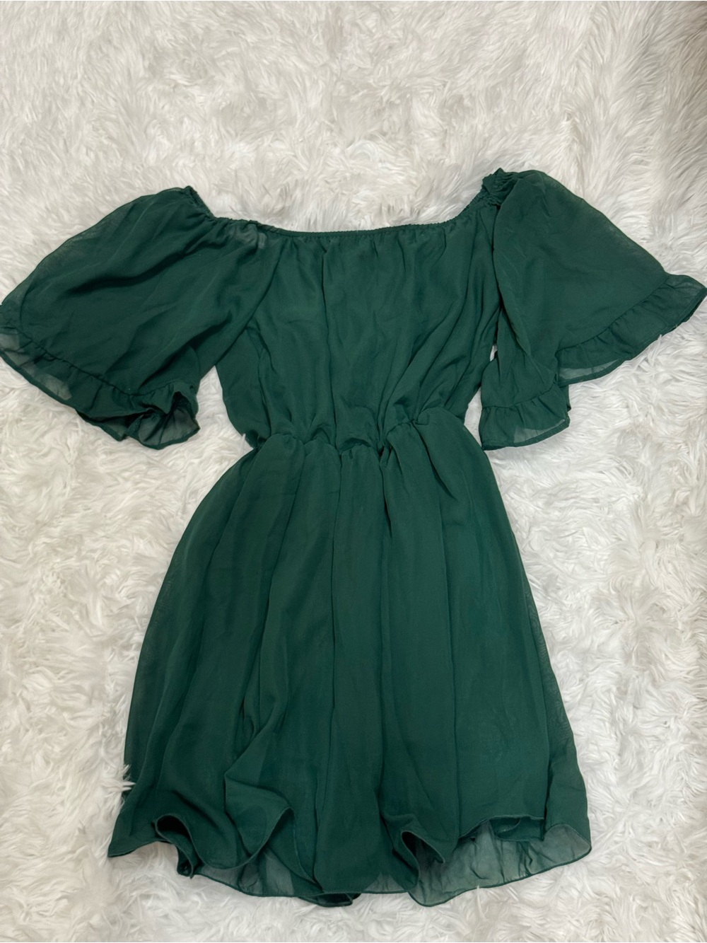 Off-Shoulder Forest Green Mini Dress with Flutter Sleeves